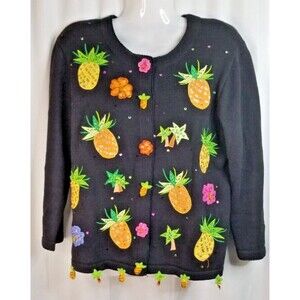 Pineapple Knit Cardigan Appliques Sequins Embroidered Beaded Size Small PS